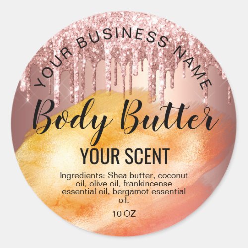 body butter  rose gold drips foil add your logo classic round sticker