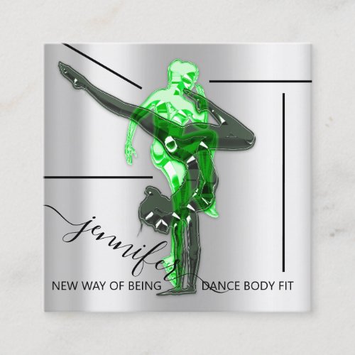 Body Fitness Dance Couch QRCODE Logo Gray Green Square Business Card