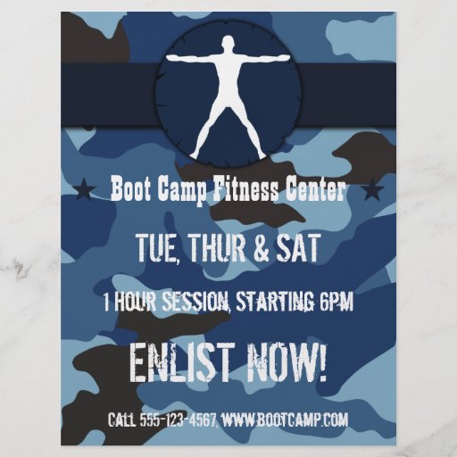 Body Madness Blue Camo Boot Camp Fitness Flyers Custom Flyer | Zazzle