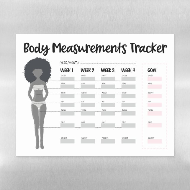 Body Measurements Tracker for Black Women Magnetic Dry Erase Sheet (Horizontal)
