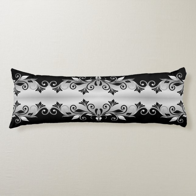 Body Pillow - Flourishes Black and Silver (Front)