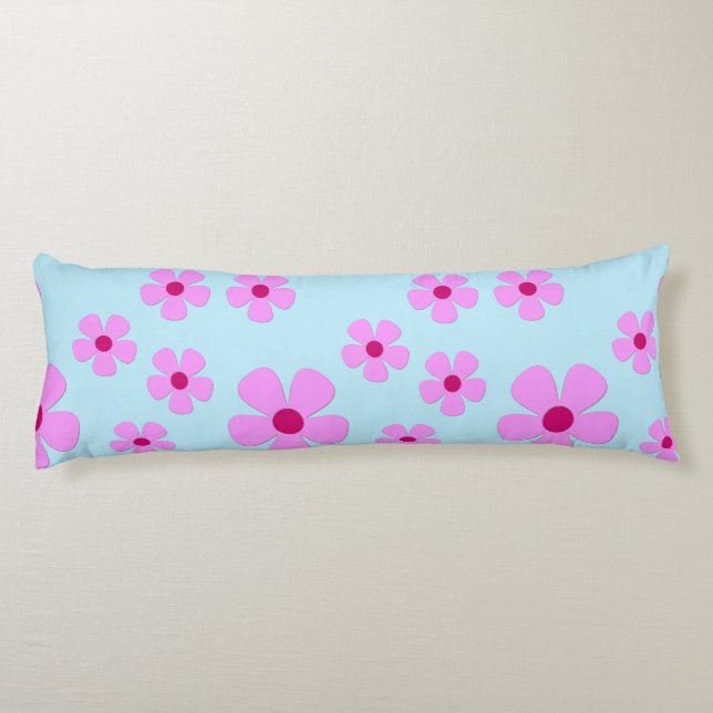 Body Pillow, Green Blue with Pink Flowers Pillow (Back)