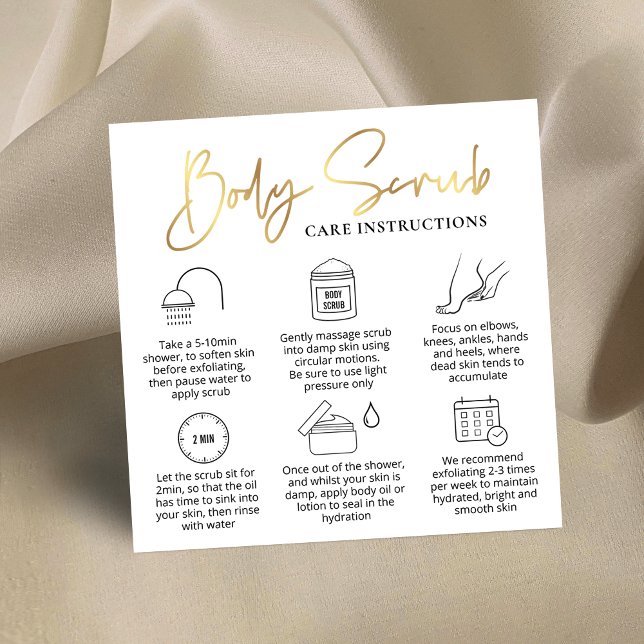 Body Scrub Application Guide White & Gold Logo Square Business Card (Elegant Sugar Body Scrub care instructions cards with icons and faux gold effects)