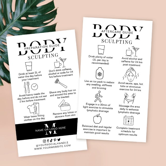 Body Sculpting Pre and Post Care Instructions Business Card (Body contouring treatment before and aftercare instructions cards for body shaping and sculpting)