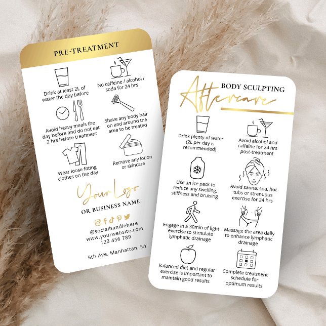 Body Sculpting Pre and Post Care Instructions Gold Business Card (Faux gold effect body sculpting pre and post-care instructions cards with icons and your custom logo)
