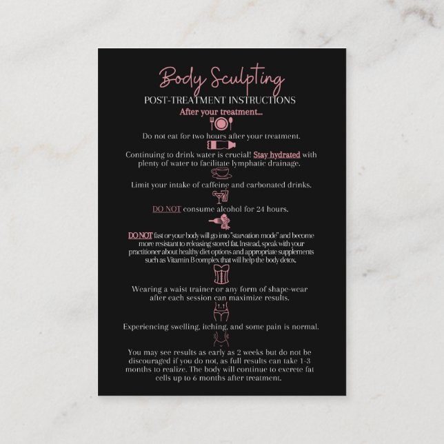Body Sculpting Pre and Post Treatment Information Business Card (Back)
