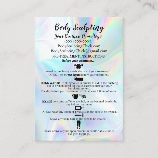 Body Sculpting Pre/Post Treatment Faux Holographic Business Card (Front)