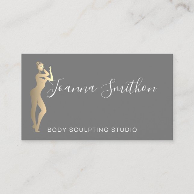 Body Sculpting QR Code Logo Gray Faux Gold Business Card (Front)