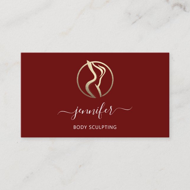 Body Shaping Sculpting Massage Gold Logo QR Maroon Business Card (Front)