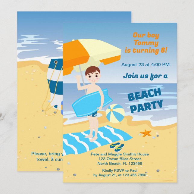 Bodyboard boy fun beach birthday party invitation (Front/Back)