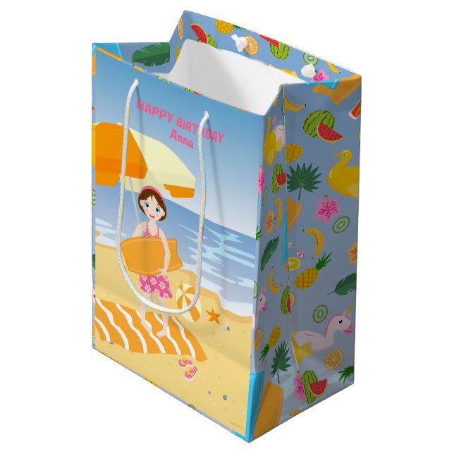 Bodyboard girl fun beach birthday party medium gift bag (Front Angled)