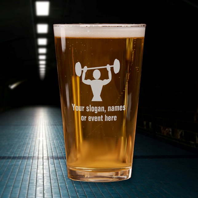 Bodybuilder lifts weights & your own 'strong' text pint glass (Creator Uploaded)