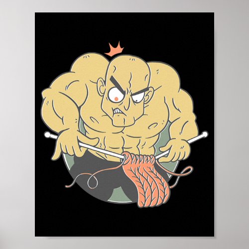 Bodybuilder Man Knitting Bodybuilding Cartoon  Poster