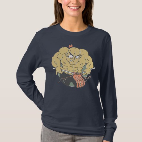 Bodybuilder Man Knitting Bodybuilding Cartoon  T_Shirt
