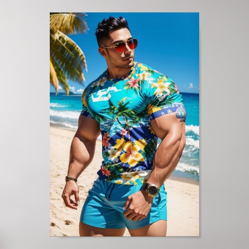 Bodybuilder Model at Hawaii Beach Poster