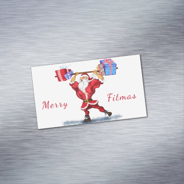 Bodybuilder Santa Claus with Christmas Gifts - Fun Business Card Magnet (In Situ)