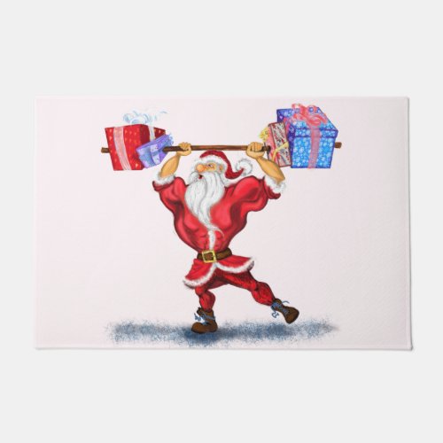 Bodybuilder Santa Claus with Christmas Gifts _ Fun Doormat