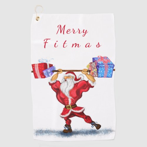 Bodybuilder Santa Claus with Christmas Gifts _ Fun Golf Towel