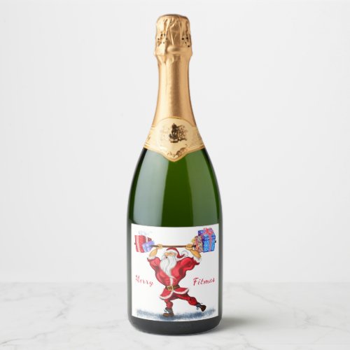 Bodybuilder Santa Claus with Christmas Gifts _ Fun Sparkling Wine Label