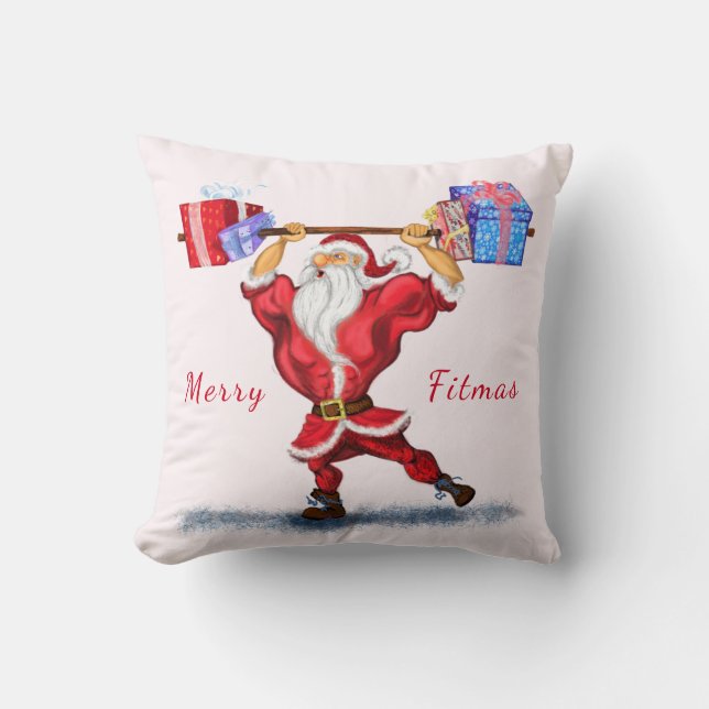 Bodybuilder Santa with Gift Funny Christmas Pillow (Front)