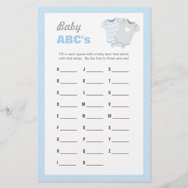 Bodysuit Baby Shower ABCs Game - Blue Stationery (Front)