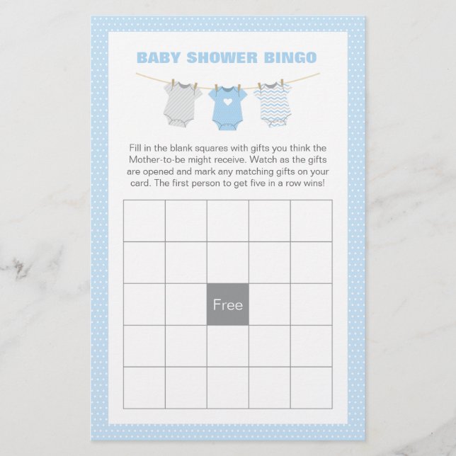 Bodysuit Baby Shower Bingo Game Card - Blue (Front)