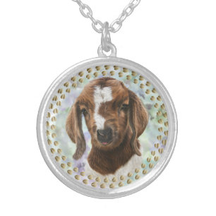Boer Kid Goat Painted Portrait Silver P Plated Necklace
