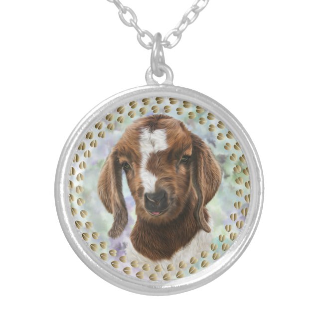 Boer Kid Goat Painted Portrait Silver P Plated Necklace (Front)