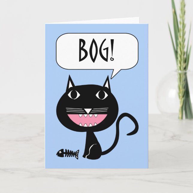 Bog! Hello in Croatian, Black Cat with Fish Bones Card (Front)