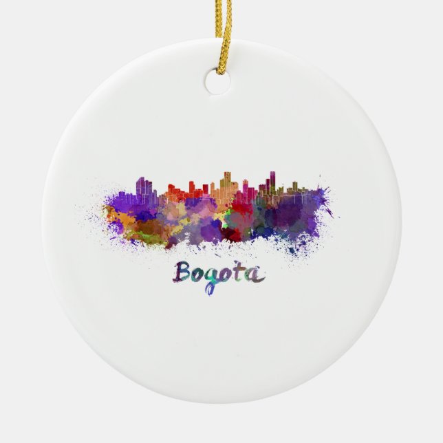 Bogota skyline in watercolor ceramic ornament (Front)