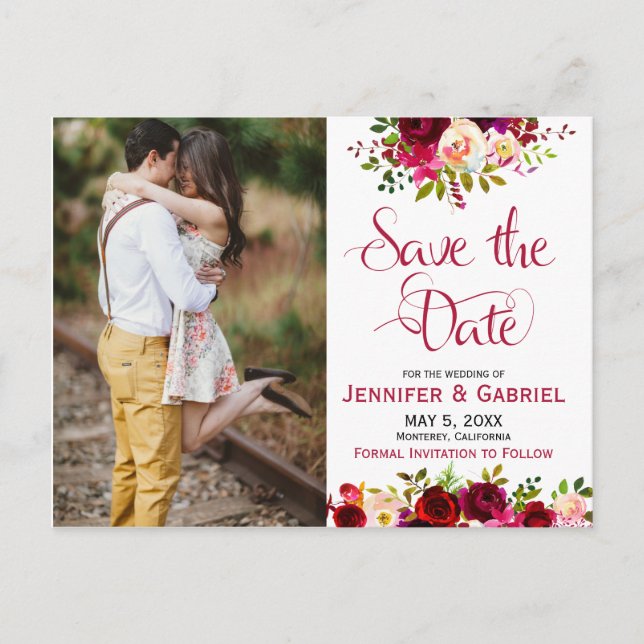 Bohem Chic Burgundy Marsala Floral Save the Date Announcement Postcard (Front)