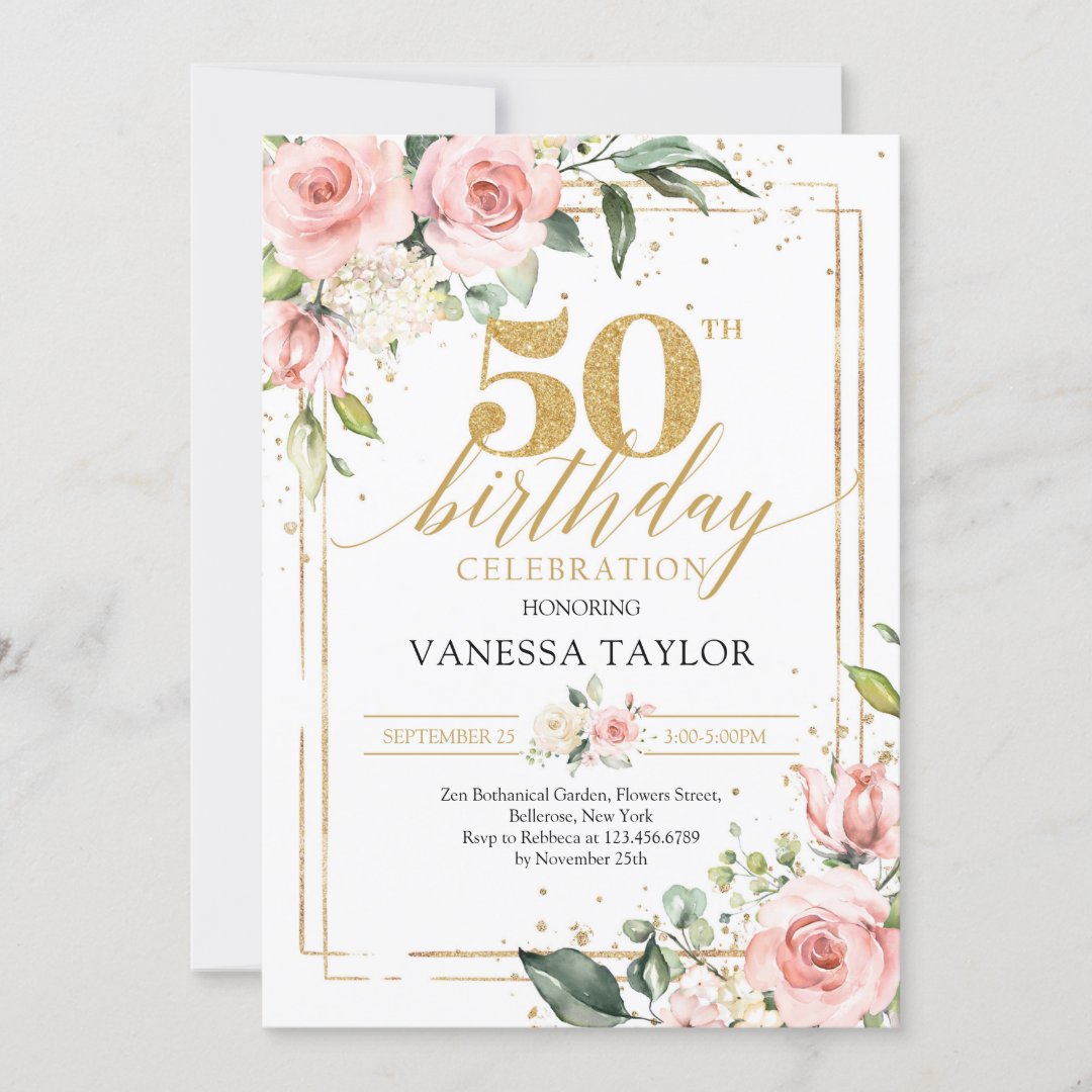 Bohemain boho blush pink floral gold 50th birthday invitation | Zazzle