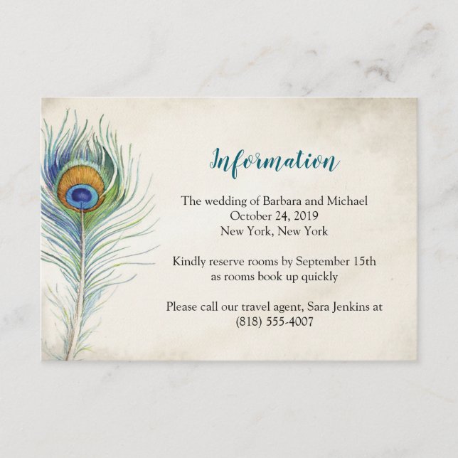 Bohemain Wedding Information Card Peacock Feather (Front)