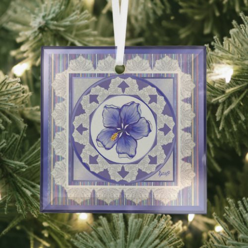 Bohemia blue Hibiscus Glass Ornament