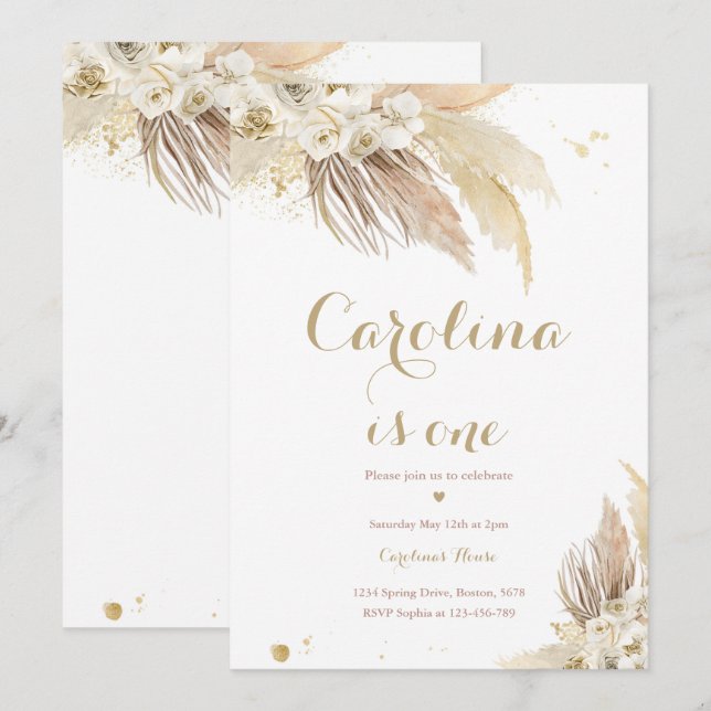 Bohemian 1st Birthday Party Boho Pampas Grass  Inv Invitation (Front/Back)
