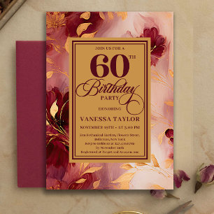 Bohemian 60th Birthday Burgundy Gold Watercolor Invitation