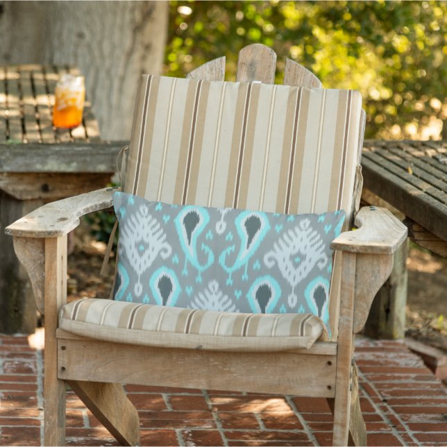 Bohemian Aqua Turquoise Ikat Tribal Art Pattern Lumbar Pillow (Chair)