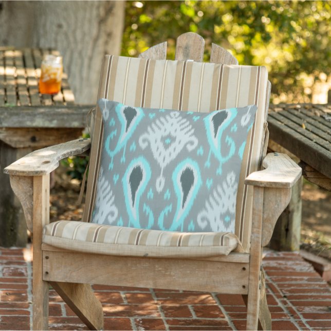 Bohemian Aqua Turquoise Ikat Tribal Art Pattern Outdoor Pillow (Chair)