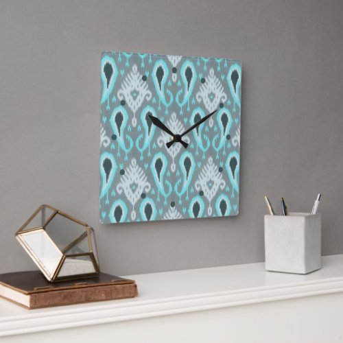 Bohemian Aqua Turquoise Ikat Tribal Art Pattern Square Wall Clock