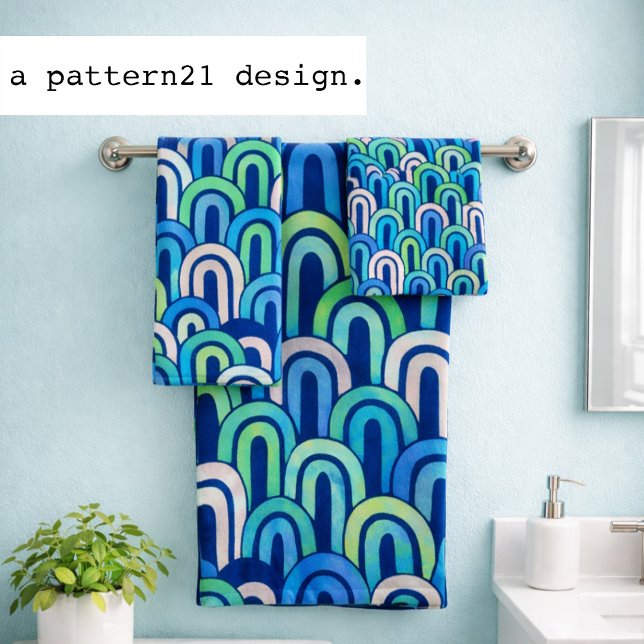 Bohemian arch fish scale painted pattern bath towel set (Retro arch towels add vibrant blue style to bright modern bathrooms)