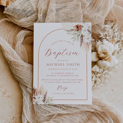 bohemian arch modern baptism invitation