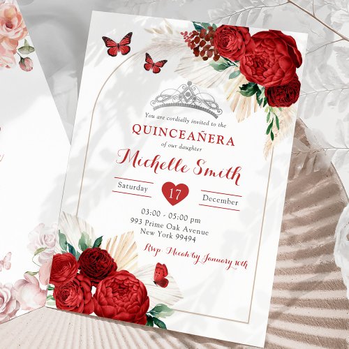  Bohemian Arch Red Roses Royal Quinceaera Invitation