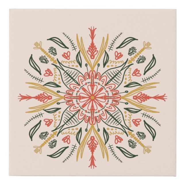 Bohemian Art Mandala Floral Orange Greenery Faux Canvas Print (Front)