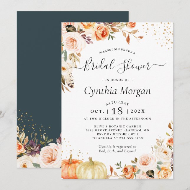 Bohemian Autumn Gold Floral Fall Bridal Shower Invitation (Front/Back)