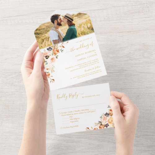 Bohemian Autumn Gold Floral Wedding Photo All In One Invitation