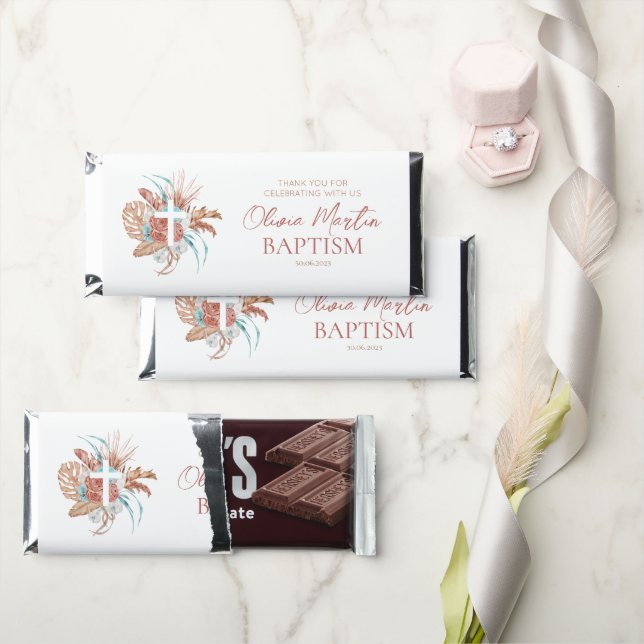 Bohemian Baptism Boho Christening Flowers Hershey Bar Favors (Front)