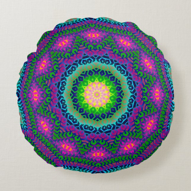 Bohemian Batik Blue Pink Round Pillow (Front)