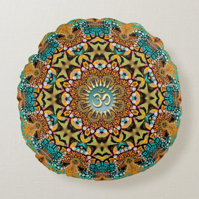 Bohemian Batik Mandala OM Yoga Round Cushion (Front)