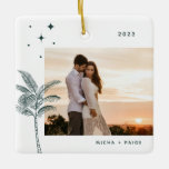 Bohemian Beach Palm Tree Photo Ceramic Ornament<br><div class="desc">Bohemian beach palm tree and stars,  holiday photo ornament in rustic emerald green.</div>