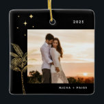 Bohemian Beach Palm Tree Photo Ceramic Ornament<br><div class="desc">Bohemian beach palm tree and stars,  holiday photo ornament in faux gold foil and black.</div>